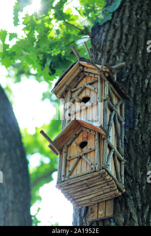 DIY, kreative Hand aus Holz Vogelhaus hängt am Baum in einem Park Stockfoto