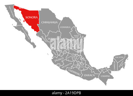 Sonora rot hervorgehoben Karte von Mexiko Stockfoto