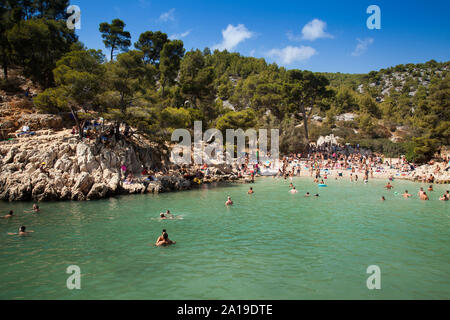 Strandliebhaber in Calanque de Port-Pin, Calanques Nationalpark, Cassis, Bouches-du-Rhône, Provence - Alpes - Côte d'Azur, Frankreich, Europa Stockfoto