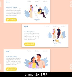 Dating Agentur landing page user interface design Vorlage festlegen, glückliches Paar treffen und sich zu verlieben. Stock Vektor