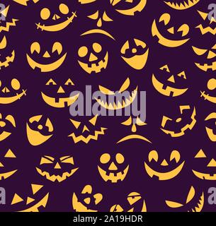 Nahtlose Muster spaß Kürbis lächelt. Designer des Symbols eines dunkel violetten Hintergrund mit verschiedenen Augen, Nase und Lächeln. Stock Vektor