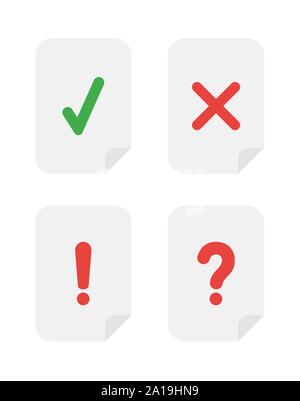Vektor Icon Set von Papieren mit Häkchen, x Mark, Ausrufezeichen und Fragezeichen. Flachen farbe Stil. Stock Vektor