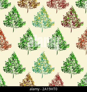 Stilvolle abstrakte Bäume im grünen, roten und blauen Farben des Herbstes. Die nahtlose Vektor Muster auf Cremefarbenem Hintergrund. Vintage Stil mit einer modernen Note Stock Vektor