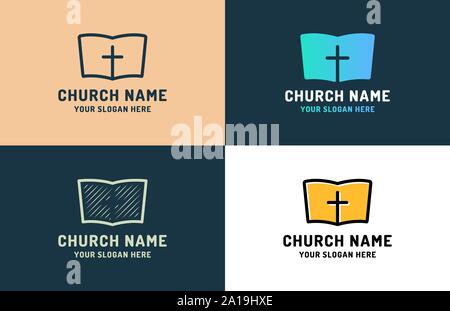 Logo für religiöse Gemeinschaft. Bibel das Symbol mit dem Kreuz. Design Element für Poster, Banner, Karte, Emblem, Zeichen, Label. Vector Illustration. Stock Vektor