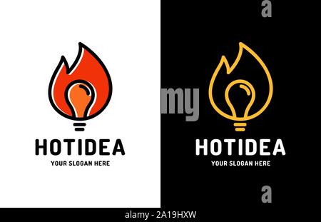 Brainstorming Brand kreative Idee vektor Logo Design. Flamme Abbildung mit negativen Raum Glühbirne Symbol. Stock Vektor