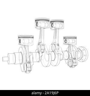 Motor Kolben skizzieren. Vektor Rendering von 3d. Wire-frame Stil. Die Schichten des sichtbaren und unsichtbaren Linien getrennt sind Stock Vektor