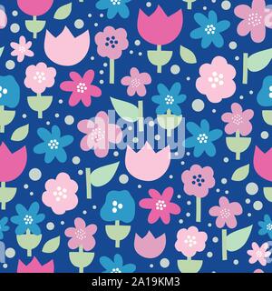 Die nahtlose Vektor Muster mit stilisierten Skandinavischen Blüten in Rosa und Lila auf blauem Hintergrund. Dekorative retro für Kinder fabric Stock Vektor