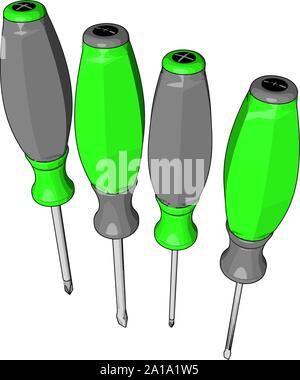 Grüne Schraubendreher, Illustration, Vektor auf weißem Hintergrund. Stock Vektor