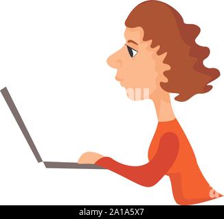 Frau Arbeiten am Laptop, Illustration, Vektor auf weißem Hintergrund. Stock Vektor