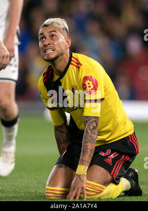 Watford, UK. 24 Sep, 2019. Roberto Pereyra von Watford während der carabao Pokalspiel zwischen dem Watford und Swansea City an der Vicarage Road, Watford, England am 24. September 2019. Foto von Andy Rowland. Credit: PRiME Media Images/Alamy leben Nachrichten Stockfoto