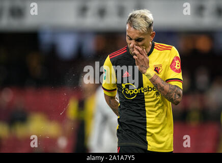 Watford, UK. 24 Sep, 2019. Roberto Pereyra von Watford während der carabao Pokalspiel zwischen dem Watford und Swansea City an der Vicarage Road, Watford, England am 24. September 2019. Foto von Andy Rowland. Credit: PRiME Media Images/Alamy leben Nachrichten Stockfoto