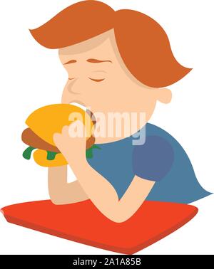 Junge essen Cheeseburger, Illustration, Vektor auf weißem Hintergrund. Stock Vektor