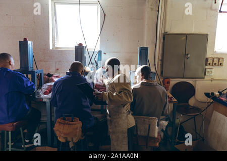 Junger Mann mit einem Klemmbrett Kontrolle auf Arbeiter in einem Cricket Ball Factory Stockfoto