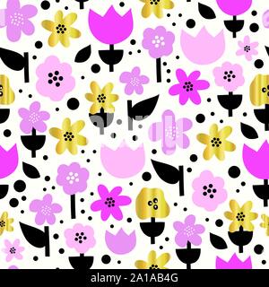 Die nahtlose Vektor Muster Blattgold Blumen und rosa Blüten mit schwarzen Blättern. Flache stilisierte Skandinavischen Blumen Hintergrund. Dekorative Retro Stock Vektor