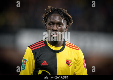 Watford, UK. 24 Sep, 2019. Domingos Quina von Watford während der carabao Pokalspiel zwischen dem Watford und Swansea City an der Vicarage Road, Watford, England am 24. September 2019. Foto von Andy Rowland. Credit: PRiME Media Images/Alamy leben Nachrichten Stockfoto