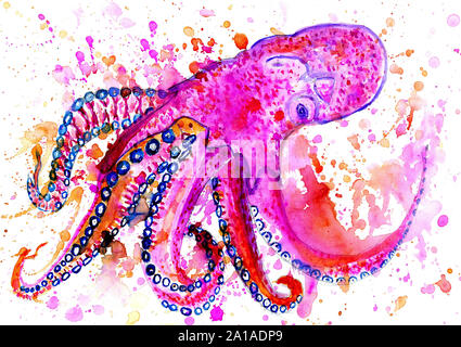 Aquarell von großen bunten Octopus, handgefertigte Abbildung. Stockfoto