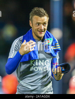 Luton, Großbritannien. 07 Juni, 2019. Jamie Vardy von Leicester City vor dem carabao Pokalspiel zwischen dem Luton Town und Leicester City an der Kenilworth Road, Luton, England am 24. September 2019. Foto von David Horn. Credit: PRiME Media Images/Alamy leben Nachrichten Stockfoto