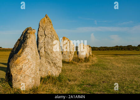 Anzeigen von prähistorischen monolith Stein Ausrichtungen in der Bretagne im warmen Morgenlicht mit der Sonne hell leuchtendes Stockfoto