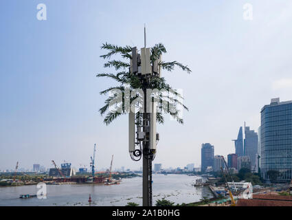 Ein Mobiltelefon Turm verkleidet als eine Palme mit einem stahlmast als Trunk und gefälschte Zweige, die ziemlich dumm aussieht Stockfoto