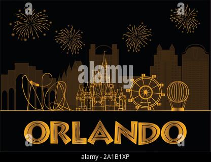 Orlando gold Schriftzug auf schwarzem Hintergrund. Vektor mit Reisen Symbole und Feuerwerk. Reisen Postkarte. Stock Vektor