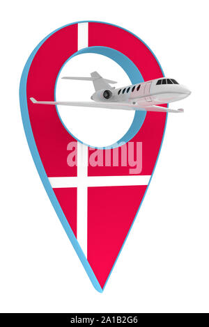 Eigenes Flugzeug mit Pin navigation Flagge Dänemark. 3D-Rendering Stockfoto