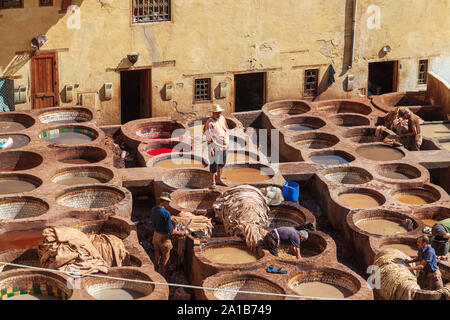 Arbeitnehmer bei Chouara Gerberei eine der drei Gerbereien in Fes, Marokko. Im 11. Jahrhundert erbaut, ist es das größte Gerberei in der Stadt. Stockfoto