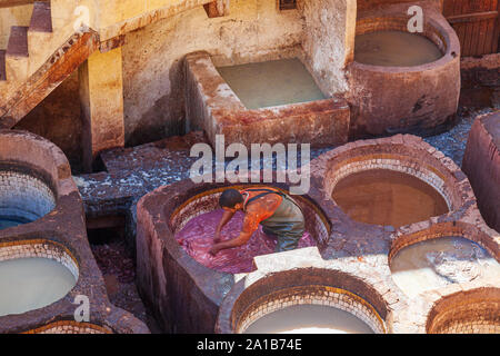 Arbeitnehmer bei Chouara Gerberei eine der drei Gerbereien in Fes, Marokko. Im 11. Jahrhundert erbaut, ist es das größte Gerberei in der Stadt. Stockfoto