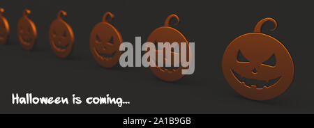 Halloween Kürbisse furchtsame Gesichter auf schwarzem Hintergrund ausgerichtet. 3D-Render Abbildung. Orange sehr glänzende Farben Stockfoto