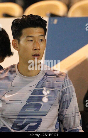 Colchester, Großbritannien. 24 Sep, 2019. Sohn Heung-Min von Tottenham Hotspur vor dem carabao Cup dritten Runde zwischen Colchester United und Tottenham Hotspur bei Weston Wohnungen Gemeinschaft Stadium am 24. September 2019 in Colchester, England. (Foto von Mick Kearns/phcimages.com) Credit: PHC Images/Alamy leben Nachrichten Stockfoto