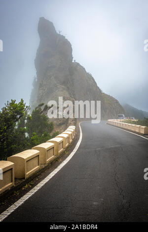 Fahren Sie durch Nebel auf der TF-123 Bergstraße in den Anaga Bergen auf Teneriffa Stockfoto