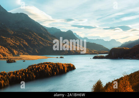 Epische Sicht auf den Silsersee Silsersee (Herbst) in den Schweizer Alpen. Herbst Wald mit gelben Lärchen für den Hintergrund. Landschaftsfotografie Stockfoto