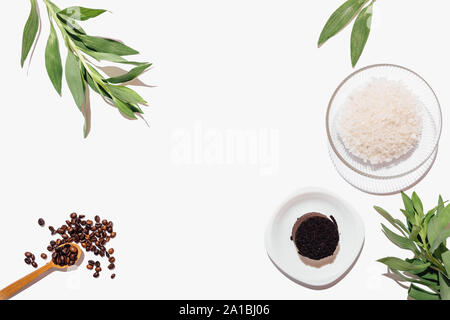 Flach Rahmen der Zutaten für die Herstellung von Naturkosmetik Body Scrub von gemahlenem Kaffee und Meersalz neben dem grünen Zweige auf weißem Hintergrund, Stockfoto