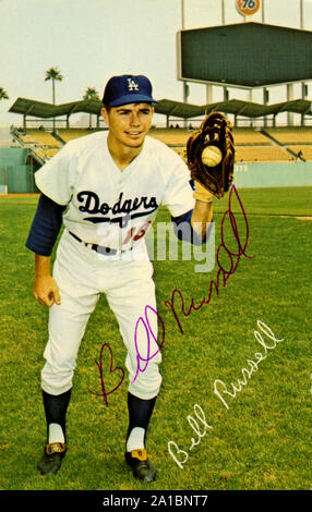 1970s Era autographierte Erinnerungsfoto von Los Angeles Dodger Spieler Bill Russell. Stockfoto