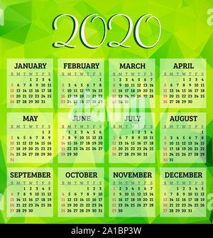 Vektor Kalender 2020 Jahr mit grünen Abstrakt Hintergrund. Woche beginnt von Sonntag Stock Vektor
