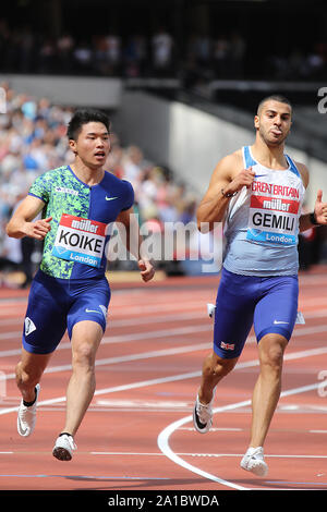 Yuki KOIKE von Japan und Adam GEMILI von Großbritannien in der mens 100 Meter an der 2019. Jahrestag Spiele, London Stockfoto