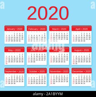 Kalender 2020 Planer Vorlage. Satz von 12 Monaten. Woche beginnt ab Sonntag. Vector Illustration Stock Vektor