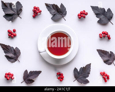 Blätter und Beeren der Ansicht von oben. Herbst Komposition. Rotes Laub, Keramik Teetasse und kleine Früchte auf weißem Hintergrund. Gefallenen Blatt und rowanbery Flach. Stockfoto