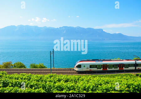 St. Saphorin, Schweiz - 26. Juli 2019: Zug auf Scenic Railway an der Küste von den Genfer See in der Schweiz führt. Grüner Weinberg auf den angrenzenden Hang. Weinregion Lavaux. Berge im Hintergrund. Stockfoto