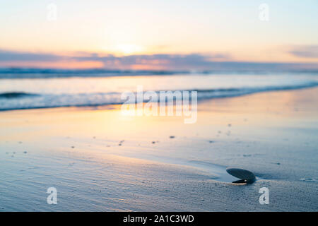 Oceanbeach als Sonne am Horizont erstellen goldenen Glanz über Meer zum Strand noch in dunklen von Morgen. Stockfoto