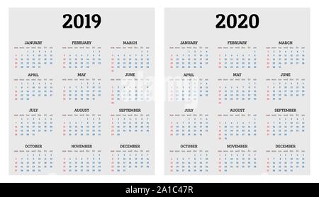 Jahreskalender 2019 und 2020 Vorlage. Vector Illustration Stock Vektor