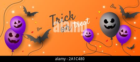 Halloween Verkauf, Party Einladung, Postkarte, Poster mit einem furchtsamen Schnauze Luftballons, eine Fledermaus und Sterne auf orangem Hintergrund. Stock Vektor