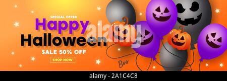 Happy Halloween Verkauf, Party Einladung, Postkarte, Poster mit einem furchtsamen Luftballons, eine Fledermaus und Sterne auf orangem Hintergrund. Stock Vektor