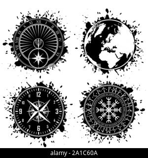 Die vier schwarzen grunge Ink blots Spritzen mit Differentt Kreis design elemente Stock Vektor