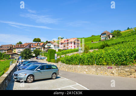 Rivaz, Schweiz - 26. Juli 2019: Schöne Weinort Rivaz im Lavaux Wein Region, Schweiz. Parkplatz von grünen Weinberg am Hang durch das malerische Dorf umgeben. Schweizer Sommer. Stockfoto