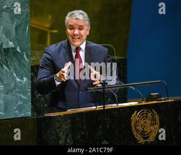 New York, USA. 25 Sep, 2019. Der kolumbianische Präsident Iván Duque García Márquez Adressen der Generalversammlung der Vereinten Nationen. Credit: Enrique Ufer/Alamy leben Nachrichten Stockfoto