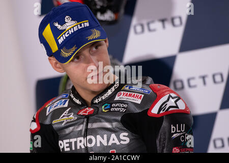 Misano Adriatico, Italien. 15 Sep, 2019. Fabio Crashdown, Franch rider Nummer 20 für Yamaha Petronas in der MotoGP Rennen während des post Drücken Sie auf Konferenz (2. Platz) (Foto von Lorenzo Di Cola/Pacific Press) Quelle: Pacific Press Agency/Alamy leben Nachrichten Stockfoto