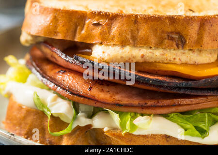 Hausgemachte Fried Bologna Sandwich mit Käse und Salat Stockfoto