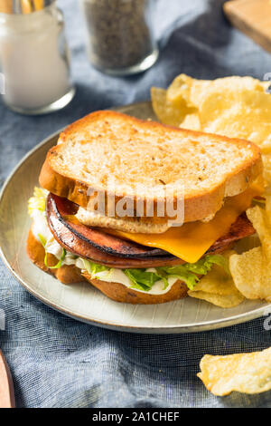 Hausgemachte Fried Bologna Sandwich mit Käse und Salat Stockfoto