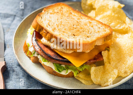 Hausgemachte Fried Bologna Sandwich mit Käse und Salat Stockfoto