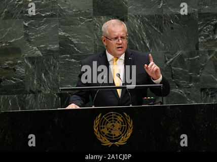 Vereinten Nationen. 25 Sep, 2019. Der australische Premierminister Scott Morrison Adressen der Generaldebatte der 74. Tagung der Generalversammlung der Vereinten Nationen am UN-Sitz in New York, Sept. 25, 2019. Quelle: Liu Jie/Xinhua/Alamy leben Nachrichten Stockfoto